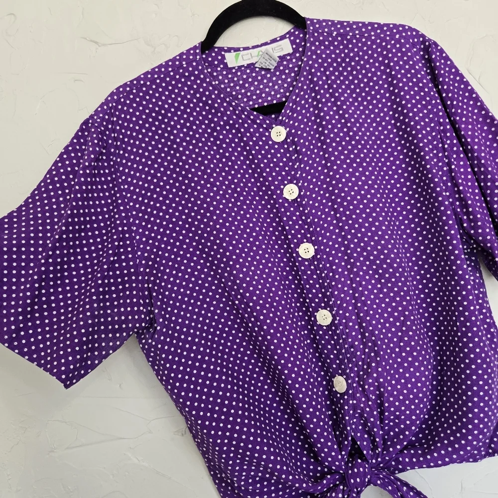 Vintage Chaus Polka Dot Button Up Tied Purple Top, L - Picture 5 of 9